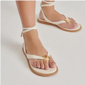 XYD White Open Toe Metal Gold Hardware Flip Flops Ankle Wrap Lace-up Flat Sandal